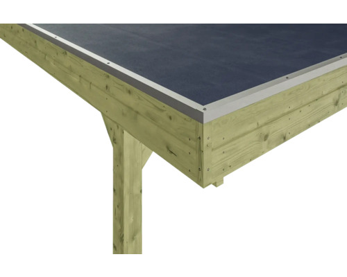 Vue détaillée d''un pavillon de jardin en bois avec toit plat et bordure en aluminium
