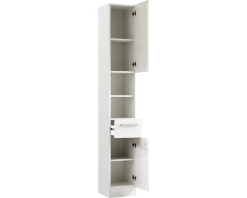 Armoire haute de salle de bain blanche avec étagères et tiroir