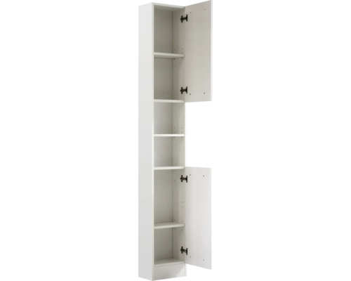 Armoire haute de salle de bains avec portes ouvertes et étagères