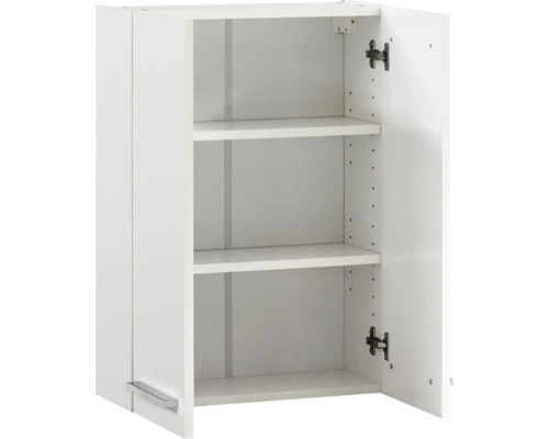 Weißer Hängeschrank mit zwei Regalböden und geöffneten Türen.