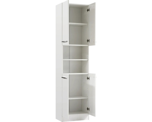Armoire haute blanche avec portes ouvertes et étagères