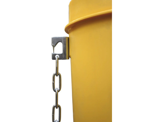 Gelber Abfallbehälter mit Kettenbefestigung