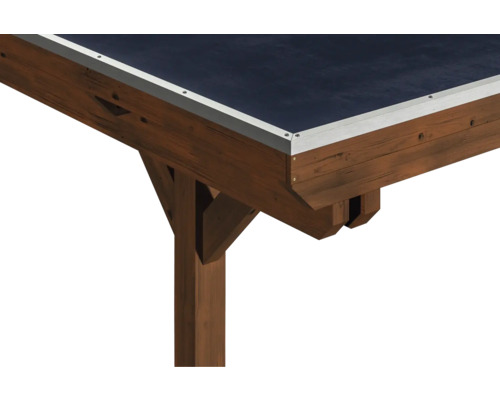 Vue détaillée du pavillon en bois avec étanchéité de toiture et couverture en aluminium