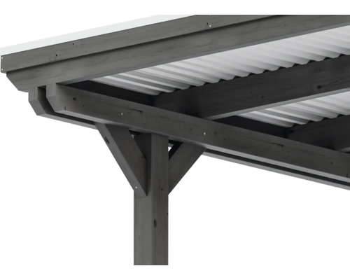 Detailansicht eines Holzpavillons mit Metalldach