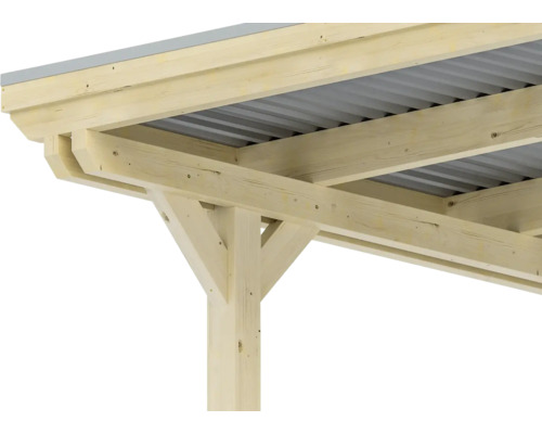 Vue détaillée d''une pergola en bois avec toit métallique