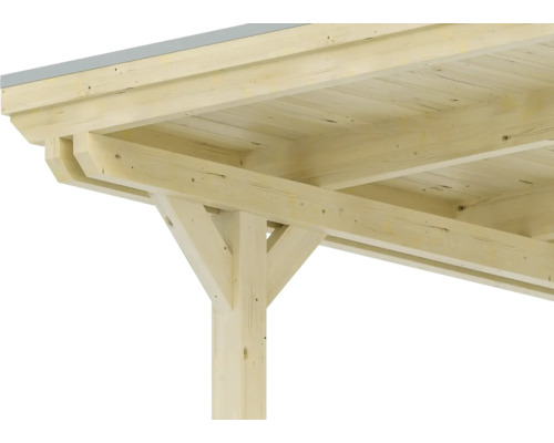 Vue détaillée d''un pavillon en bois avec poteaux et structure de toit