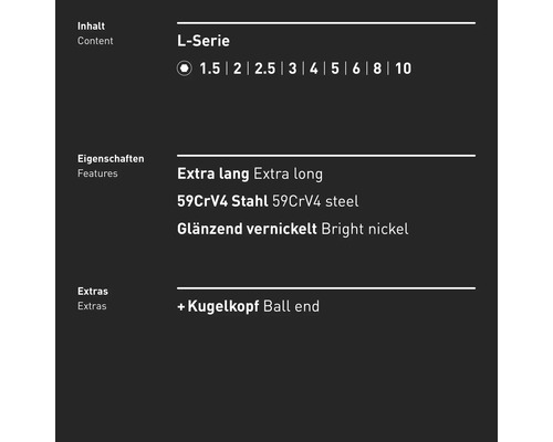 L-Serie Inhalt, extra lang, 59CrV4 Stahl, glänzend vernickelt, Kugelkopf
