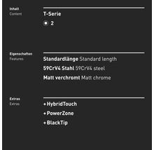 Série T, contenu : 2 pièces, longueur standard, acier 59CrV4, chrome mat, HybridTouch, PowerZone, BlackTip