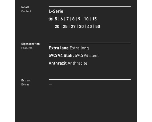 L-Serie Inhalt: 5, 6, 7, 8, 9, 10, 15, 20, 25, 27, 30, 40, 50, extra lang, 59CrV4 Stahl, Anthrazit