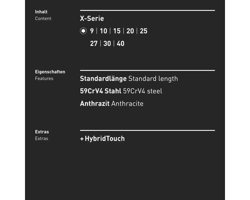 Informationen zu Inhalt, Eigenschaften und Extras der X-Serie: Standardlänge, 59CrV4 Stahl, Anthrazit, HybridTouch