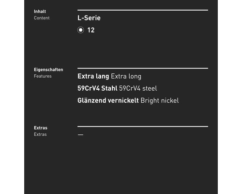 Informations produit : Série L, contenu 12, extra long, acier 59CrV4, nickelé brillant