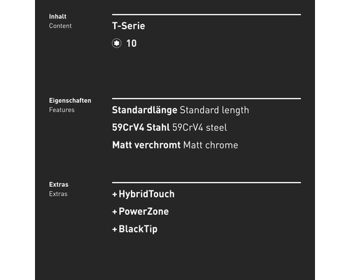 Tournevis Série T caractéristiques: longueur standard, acier 59CrV4, chrome mat, HybridTouch, PowerZone, BlackTip