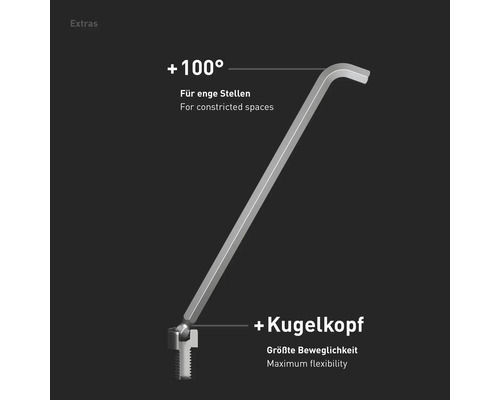 Darstellung eines Innensechskantschlüssels mit Kugelkopffunktion für schwer zugängliche Stellen.