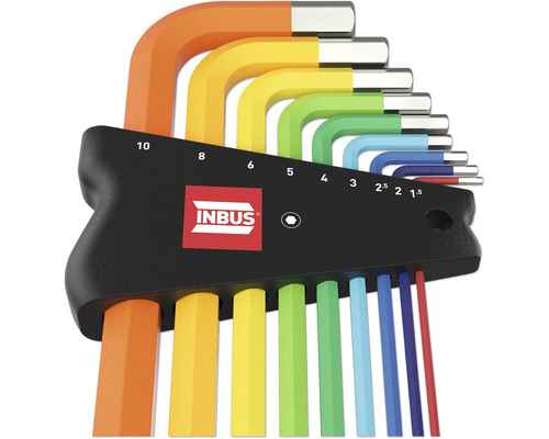 Inbusschlüssel-Set mit farbcodierten Schlüsseln und Größenangaben