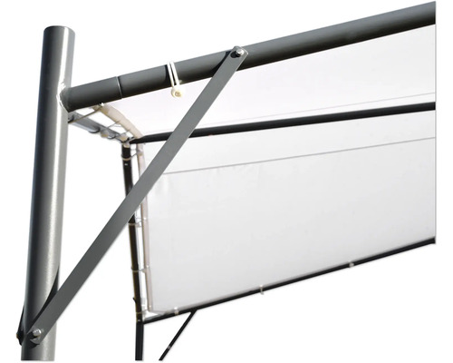 Vue détaillée d''un pavillon avec cadre métallique gris et toit en tissu blanc