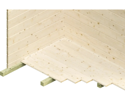 Eckansicht eines Holzhauses mit Holzboden
