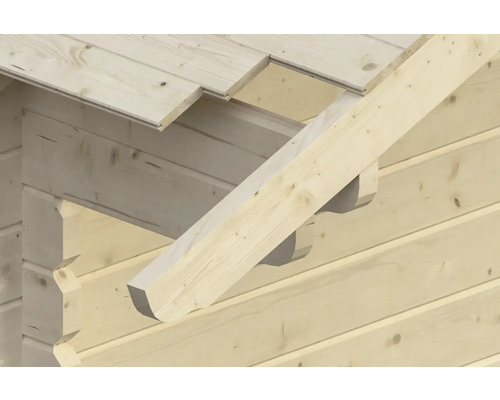 Detailansicht einer Holzwand mit Dachbalkenkonstruktion