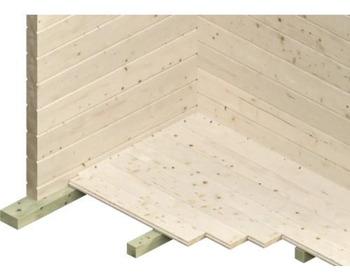 Vue détaillée de la maison en bois avec planches à rainure et languette et cadre de fondation