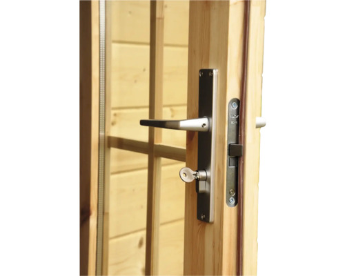 Vue détaillée d''une porte en bois avec poignée et serrure
