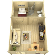 Plan d''une maison en bois avec chambre, salle de bains, salon et cuisine