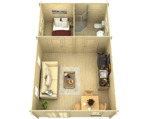 Plan d''une maison en bois avec chambre, salle de bains, salon et cuisine