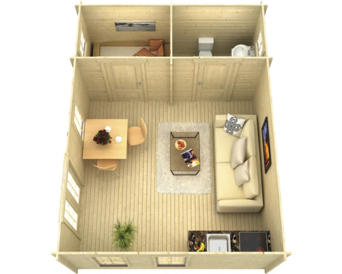 Vue intérieure d''une maison en bois avec salon, cuisine, salle de bains et chambre à coucher