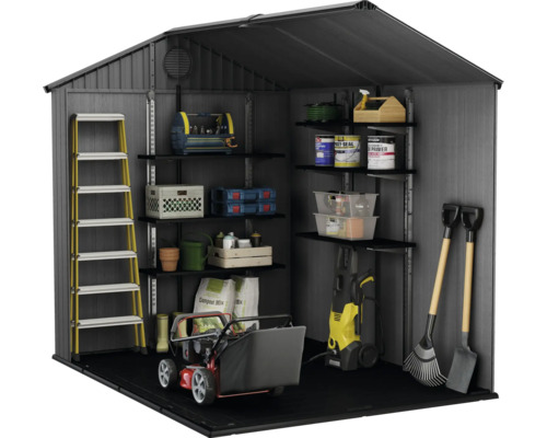 Gartenschuppen mit Regalen und Gartengeräten