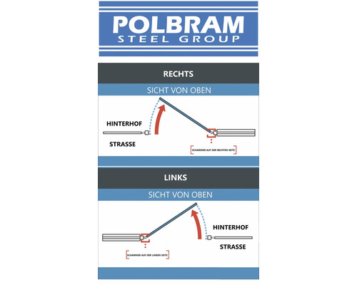 Polbram Steel Group Logo. Schematische Darstellung einer Tür, die sich nach rechts und links öffnet.