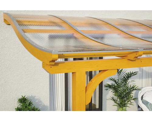 Vue détaillée d''un toit de terrasse avec une structure en bois et un toit en plastique ondulé