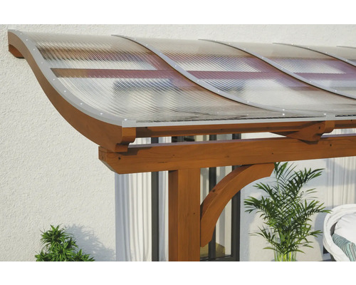 Detailansicht eines Holz-Pavillons mit transparentem Dach