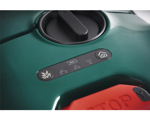 Gros plan d''un robot tondeuse avec des indicateurs de panneau de commande pour la batterie, le Wi-Fi, le verrouillage, l''erreur et le démarrage