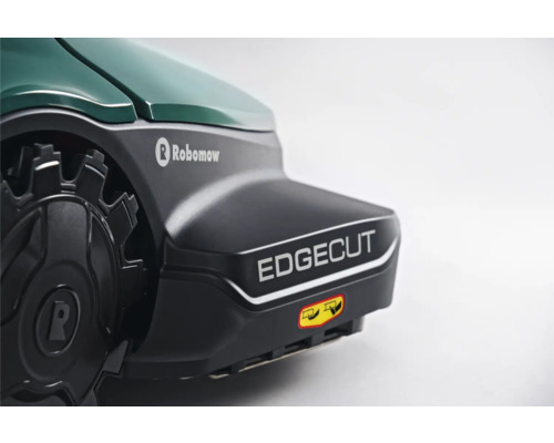 Gros plan sur un robot tondeuse Robomow avec l''inscription Edgecut et le logo Robomow
