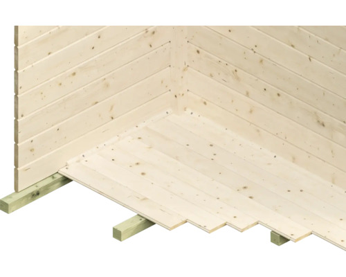 Vue détaillée du plancher en bois d''un abri de jardin