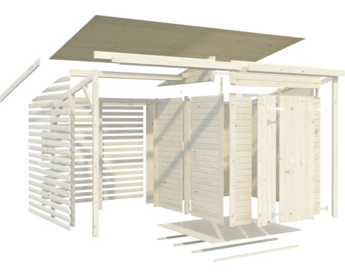 Explosionszeichnung eines Holzgartenhauses mit Dach, Wänden und Boden