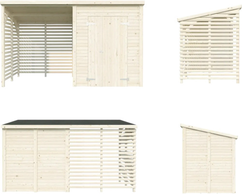 Différentes vues d''un abri de jardin en bois avec abri à bois