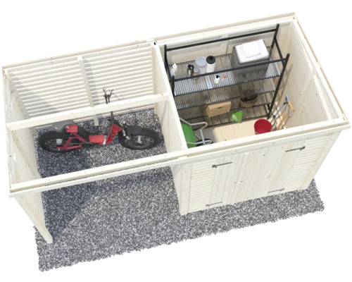Abri de jardin en bois avec abri à vélos et étagères de rangement