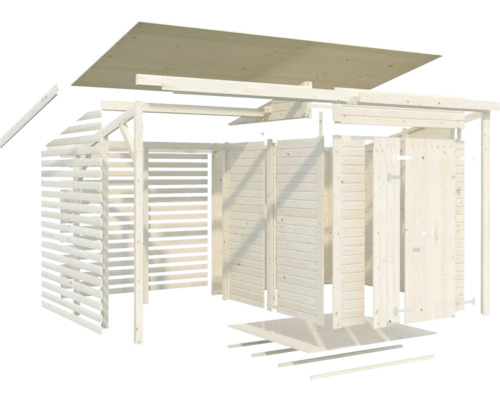 Vue éclatée d''un abri de jardin en bois avec paroi à lamelles