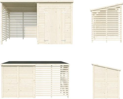 Vues multiples d''un abri de jardin en bois avec rangement pour le bois