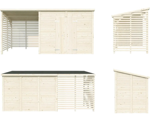 Vues multiples d''un abri de jardin avec rangement pour le bois