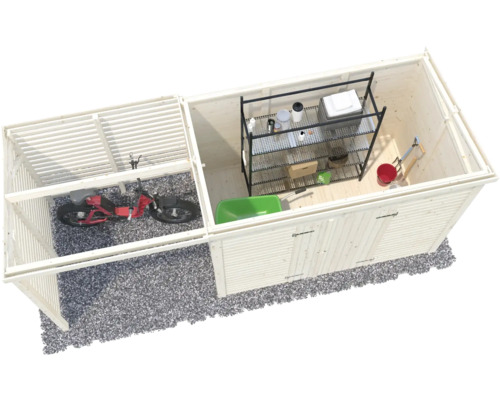 Abri de jardin avec vélo et étagère pour outils de jardin