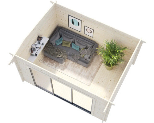 Innenansicht eines Holzgartenhauses mit Sofa, Teppich, Topfpflanze und Schiebetüren