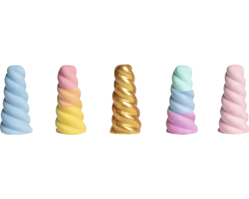 Fünf dekorative Einhorn-Hörner in verschiedenen Ausführungen