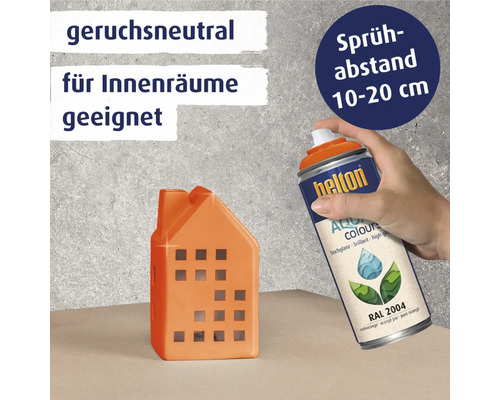 Helton Aqua Colours Lackspray Dose mit Sprühabstandhinweis und orangefarbenem Haus