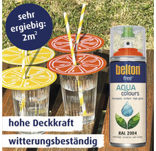 Belton Free Aqua Colours Sprühlackdose neben Gläsern mit Strohhalmen und Zitrusfrüchte-Dekoration