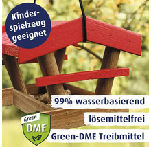 Vogelhaus aus Holz mit Hinweis Kinderspielzeug geeignet, 99% wasserbasiert, lösemittelfrei, Green-DME Treibmittel