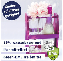 Dekorative Szene mit Produktsiegeln für Kinderspielzeug geeignet, 99 Prozent wasserbasiert, lösemittelfrei und Green-DME Treibmittel