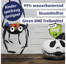 Dekoration mit Spinne, Kürbis, den Aufschriften Kinderspielzeug geeignet, 99% wasserbasierend, lösemittelfrei und Green-DME Treibmittel sowie dem Green DME Siegel