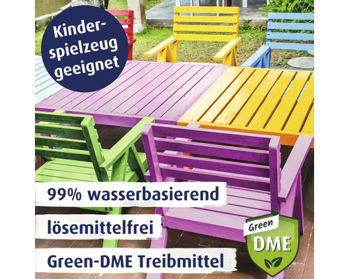 Farbig bemalte Gartenmöbel mit dem Hinweis Kinderspielzeug geeignet, 99 Prozent wasserbasierend, lösemittelfrei und Green-DME Treibmittel