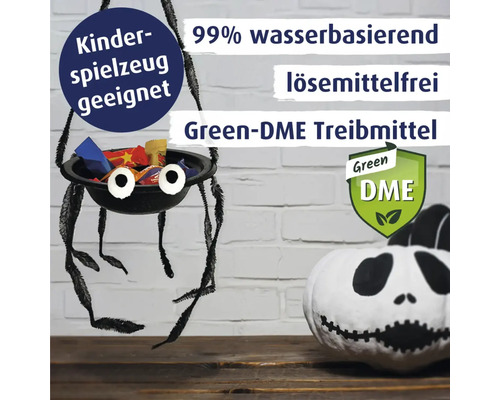 Dekoration mit Spinne, Süßigkeiten und Kürbis mit Informationen zu den Eigenschaften des Produktes.