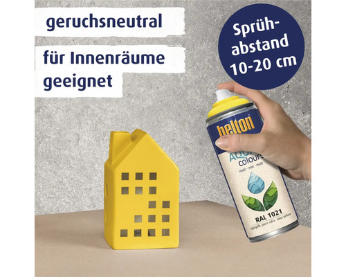Helton Aqua Farbspraydose mit gelbem Haus, geeignet für Innenräume, geruchsneutral, Sprühabstand 10 bis 20 Zentimeter